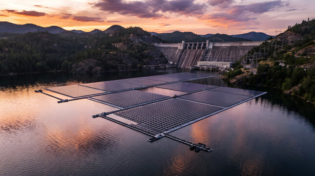 Floating solar panel farm on reservoir with hydroelectric dam sunset aerial view photo, floating photovoltaic array on lake water near hydro power plant, and clean energy graphic.