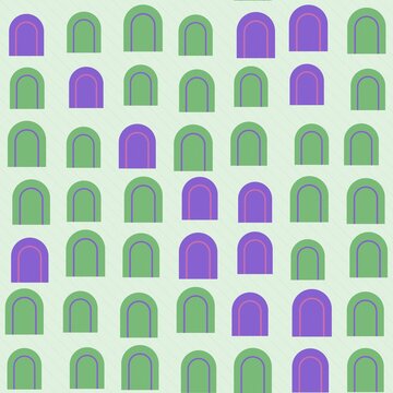 Seamless pattern with purple and green arch shapes arranged in a grid on a light green background de