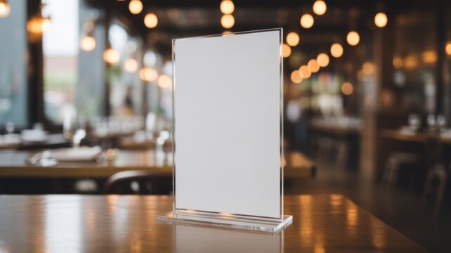 A blank acrylic table tent display standing on a rustic wooden table