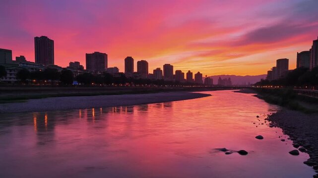 Lhasa tibet sunrise glows over river and urban city skyline