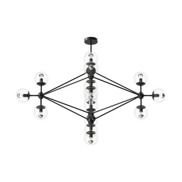 Modern black chandelier with clear glass globes and exposed bulbs