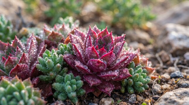 Close up of vibrant purple and green succulent plants covered in morning dew drops.