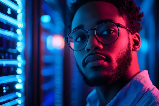 Young african american man wearing glasses working inside server room with blue and red neon lighting