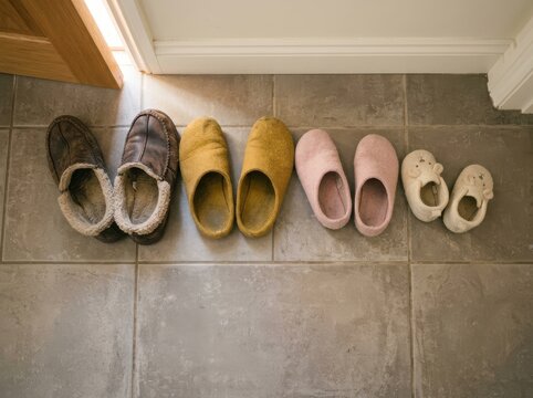 Slipper lineup in an entryway on tiled floor
