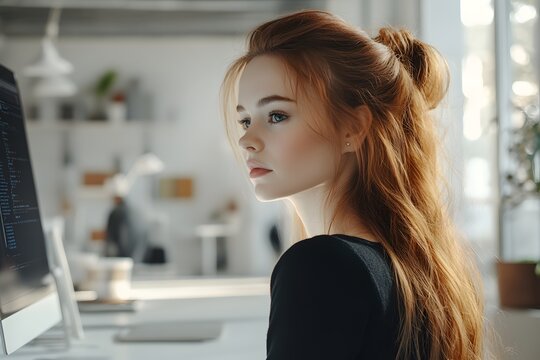 Young female programmer with long red hair working at computer terminal in office setting