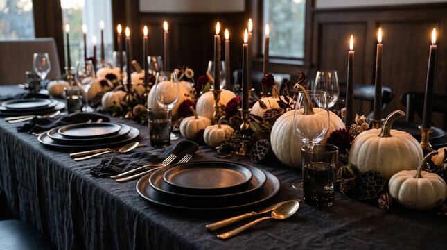 Elegant Halloween or Thanksgiving dinner table setting, featuring white pumpkins, dark candles, and black tablecloth, moody autumn holiday decor, perfect for festive event planning