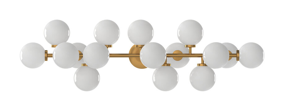 Modern brass chandelier with multiple white frosted glass globe shades