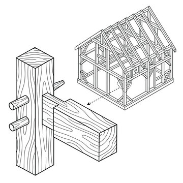 Timber Frame Construction Diagram with Mortise and Tenon Joint Detail and House Skeleton