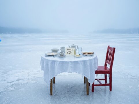 Solitary breakfast table on frozen lake with red chair and winter mist