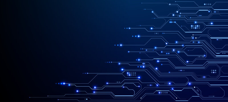 Glowing electronic pathways illuminate dark backdrop, creating futuristic digital texture with open space for modern technology and network design elements. Technology futuristic vector illustration