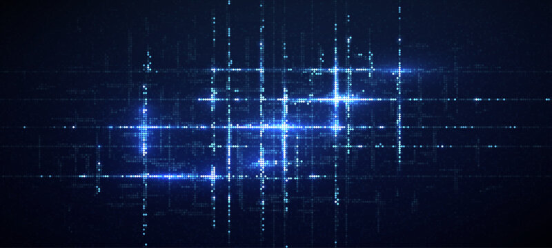 Blue tech background with glowing pixel circuits and digital data patterns for innovative technology designs and futuristic electronic interfaces. Vector illustration