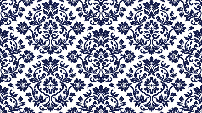 Blue and White Damask Pattern Seamless Textile Design with Ornamental Floral Motifs.