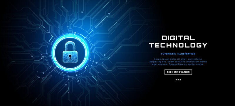 Digital padlock icon glowing on futuristic circuit board with cyber security elements and blue tech network background. Cover or backdrop for web banner. Technology futuristic vector illustration.
