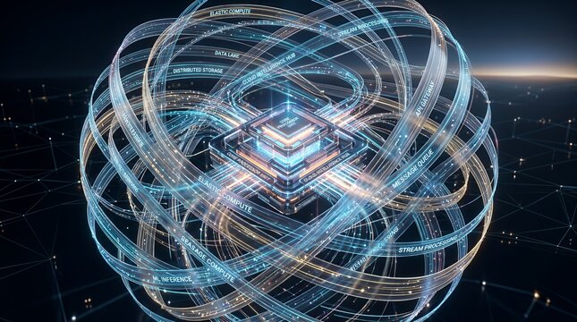 A complex 3D digital sphere constructed from glowing blue and orange light circuits and data streams set against a dark background representing futuristic connectivity.