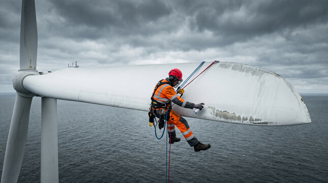 Technician Repairing Offshore Wind Turbine Blade
