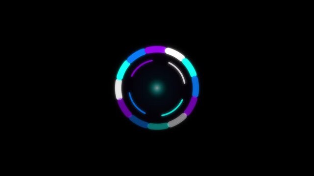An abstract digital loading circle spins continuously with colorful glowing segments and concentric rings on a dark background.