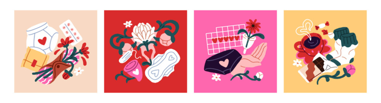 Design of cards with elements of menstruation. Menstrual period postcards. Menstrual cycle and female health. Calendar of bleeding, sanitary pads and tampons for women. Self care at menstruation