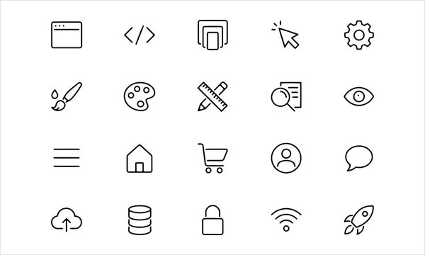 Set outline icons related to web design. Linear icon collection. Editable stroke. Vector illustration