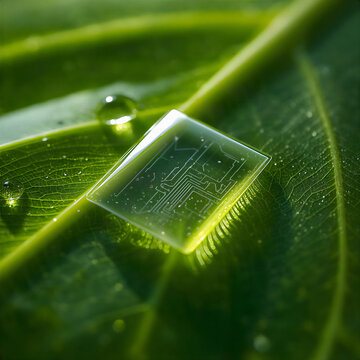 Macro shot of transparent organic solar cell on green leaf with dewdrops, future renewable eco energy concept, bionic micro technology circuit background