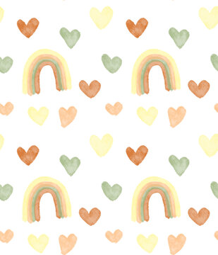 Soft rainbow and heart seamless pattern, pastel background
