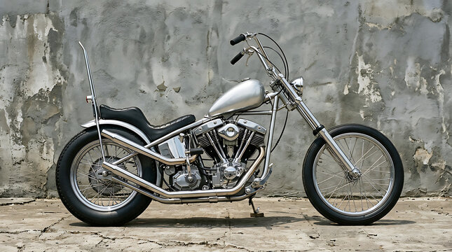 Classic custom chopper motorcycle with chrome finish beside weathered concrete wall