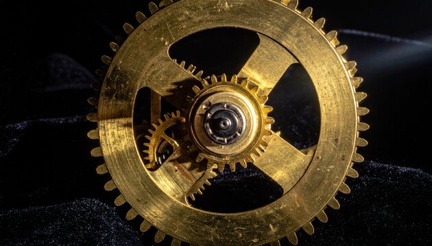 Macro shot of single gold clockwork gear wheel.