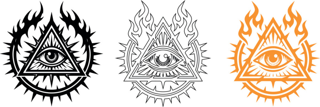 Set of three mystic occult symbols with eye of providence, triangles, flames, and sunbursts, featuring black, outline, and orange vector design variants