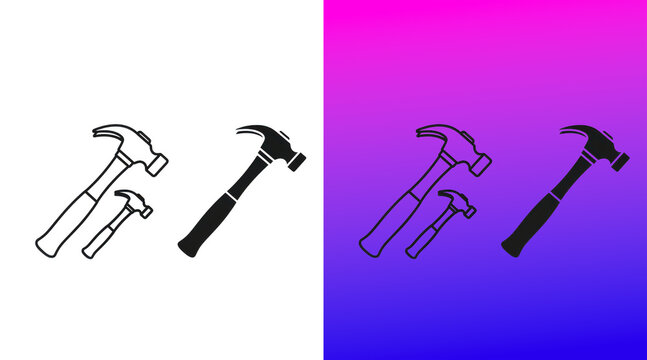 Set of hammer tool icons in black and white