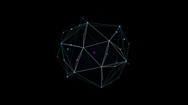 An abstract 3D geometric wireframe sphere with glowing nodes and lines rotates continuously against a dark black background.
