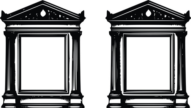 Ornate architectural vector illustration featuring two classical frames with detailed pillars and decorative pediments for elegant professional graphic design projects