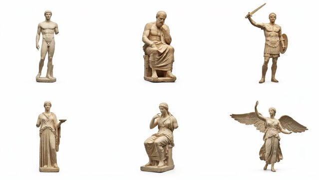 Ancient Greek statues collection, set of 6 marble sculptures of gods and philosophers, classical stone figurines on white background