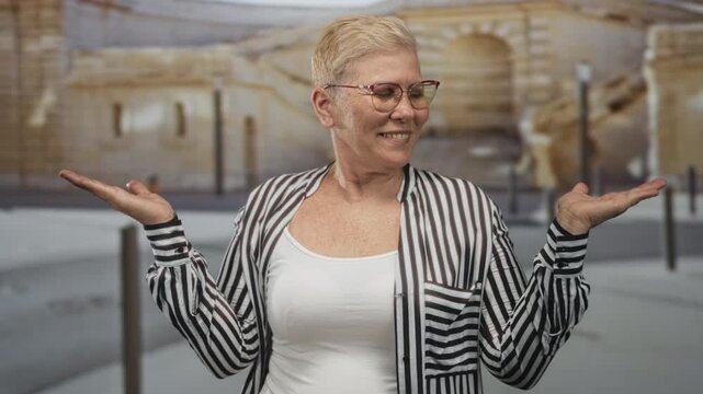 Woman showing open palms and smiling on a street with parked car and stone building facade near bollards and crosswalk; joy.
