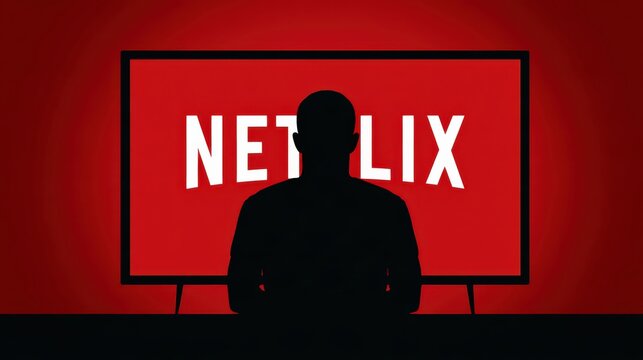 Rostock, Germany - 15th September 2026:  Silhouette of person watching streaming service Netflix on large television screen in dark room with red glow
