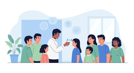 Fototapeta premium Doctor checks temperature of child in clinic with family nearby