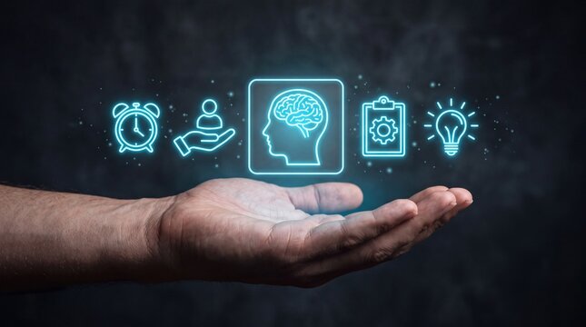 Closeup of a hand holding glowing neon icons representing time management, human resources, artificial intelligence, project planning, and creative ideas against a dark background