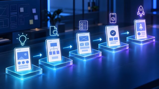 Glowing 3D pipeline displaying the mobile app development lifecycle from concept to successful launch