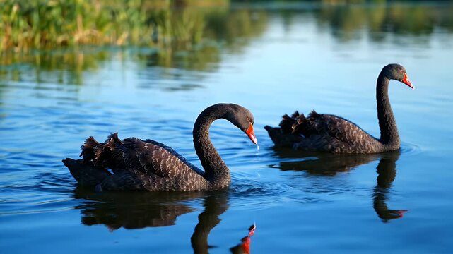 Two Black Swans Swimming in Blue Water - Two elegant black swans gracefully glide across a calm body of water, with lush green foliage visible in the soft background.