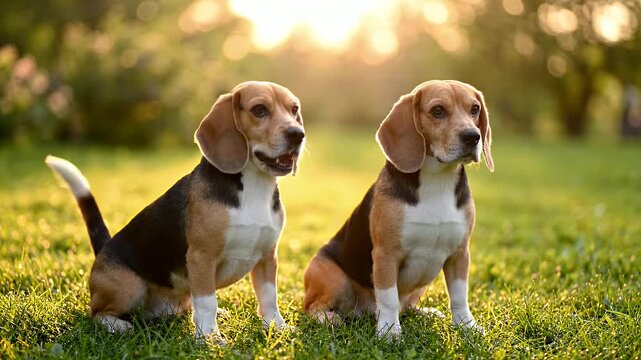Two Beagle Dogs Sitting in Green Grass During Golden Hour - Two adorable Beagle dogs sit attentively side-by-side in lush green grass.