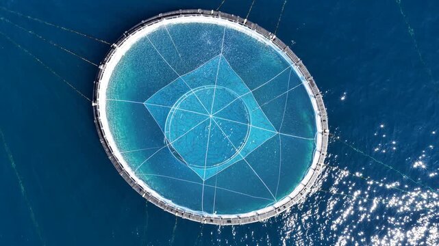 Aerial view of circular fish farm in the Mediterranean Sea, France.