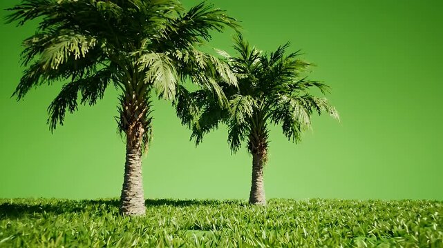Two Palm Trees on Green Screen Background - Two realistic palm trees stand on a patch of lush green grass against a solid green background.