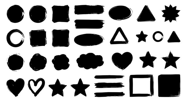 Collection of various black and white geometric shapes and symbols