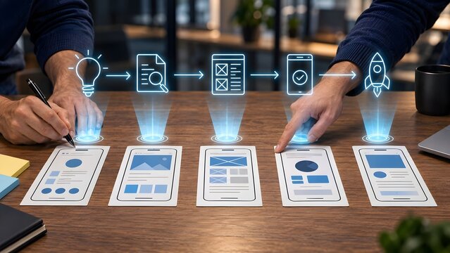 Business team collaborating on a digital product roadmap showing the mobile app development lifecycle from idea to launch