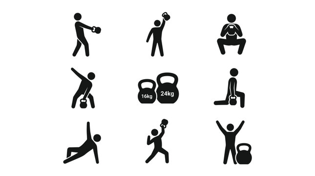Black icons of people exercising weights.