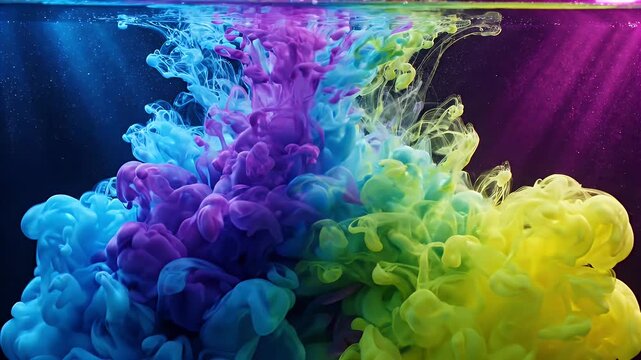 Colorful Ink Droplets Underwater - Abstract art formed by vibrant ink dissolving in water, creating swirling clouds of blue, purple, and yellow.