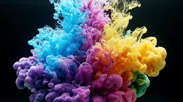 Colorful Ink Swirls in Water - Vibrant streams of blue, purple, yellow, and green ink gracefully swirl and dissolve into black water, creating an abstract, ethereal cloud formation.