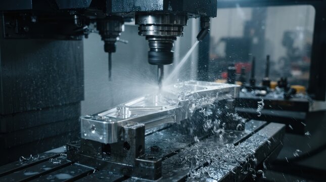 Five-axis CNC machine milling a polished aluminum aircraft bracket with coolant mist and metal shavings in a factory.