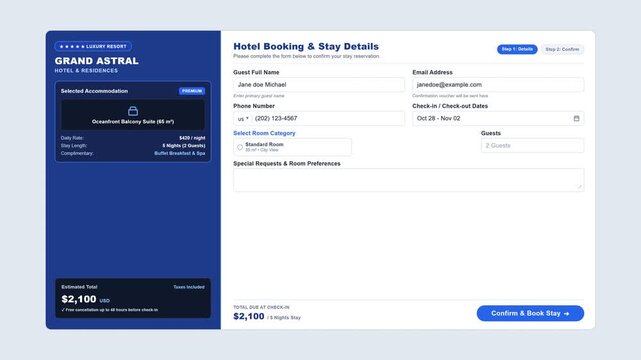 Hotel booking interface animation showing reservation process. 4K Video