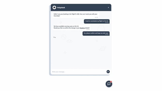 Animated helpdesk chat interface showing customer support messages. 4K Video