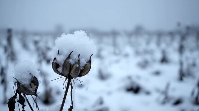 Dried Seed Pods Covered in Snow - Close-up of dried seed pods with snow accumulated on top, set against a blurred background of a snow-covered field and faint trees.
