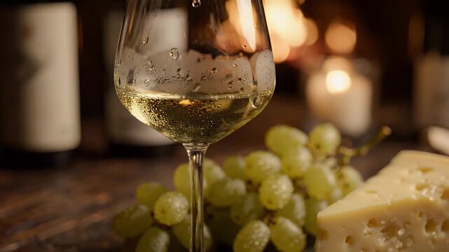 White Wine And Cheese Pairing - A close-up shot of a wine glass filled with chilled white wine, alongside a bunch of fresh green grapes and a wedge of aged cheese.